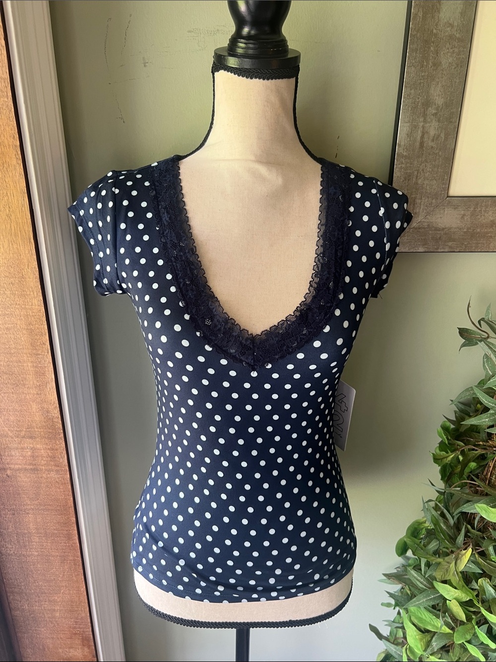 1412 Essentials Navy and White Polka Dot Lace-Trim V-Neck Tee